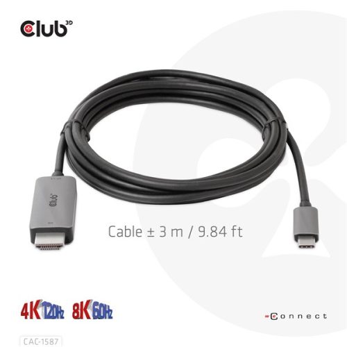 Club 3D Kábel - CAC-1587 (USB-C Gen 2 to HDMI, 4K120HZ 8K60HZ, HDR10+, DSC1.2, 3m, aktív)
