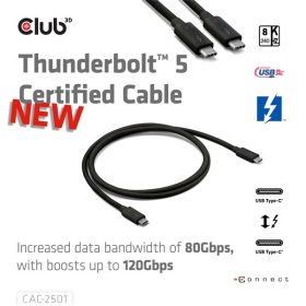   Club 3D Kábel - CAC-2501 (Thunderbolt 5 USB-C to USB-C, 240W, 80/120 Gbps, EPR, 8K240Hz, M/M, 1m)