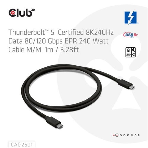 Club 3D Kábel - CAC-2501 (Thunderbolt 5 USB-C to USB-C, 240W, 80/120 Gbps, EPR, 8K240Hz, M/M, 1m)
