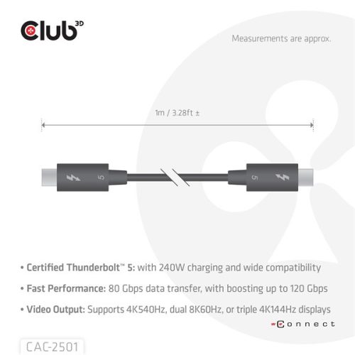 Club 3D Kábel - CAC-2501 (Thunderbolt 5 USB-C to USB-C, 240W, 80/120 Gbps, EPR, 8K240Hz, M/M, 1m)