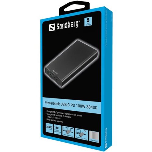 Sandberg Akkubank - Powerbank USB-C PD 100W 38400 (Bemenet: USB-C, Kimenet: 2xUSB-A+USB-C)