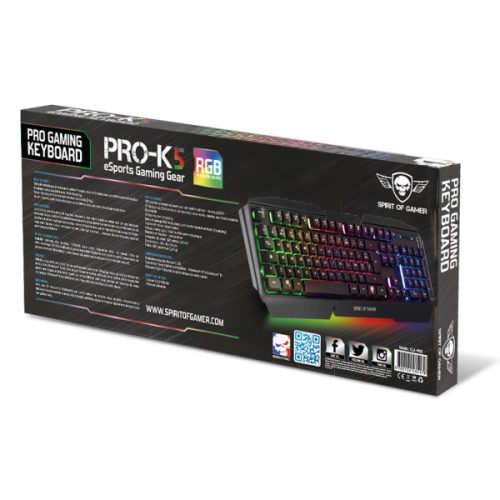 Spirit of Gamer Billentyűzet - PRO-K5 (105 gomb, Fém felső rész, RGB LED, USB, 19 anti-ghost, fekete, magyar)
