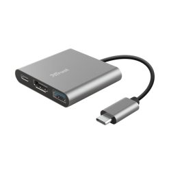Trust Kábel Átalakító - Dalyx 3in1 Multiport USB-C (szürke, aluminium, USB-C apa / HDMI+Type-C+USB3.1 anya)