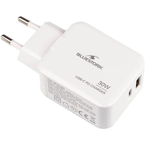 Bluestork Telefon töltő - PW-NB-30-C-A/2 (USB-C, USB-A, 30W, fehér)